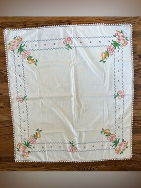 Vintage Embroidered Fruit Tablecloth Pineapple Pear Cherry Linen Cotton 37x47